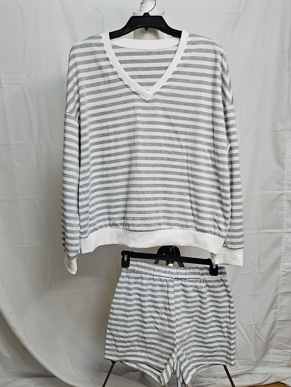 Women's Gray & White Striped Sleep Set - V-Neck Top & Shorts